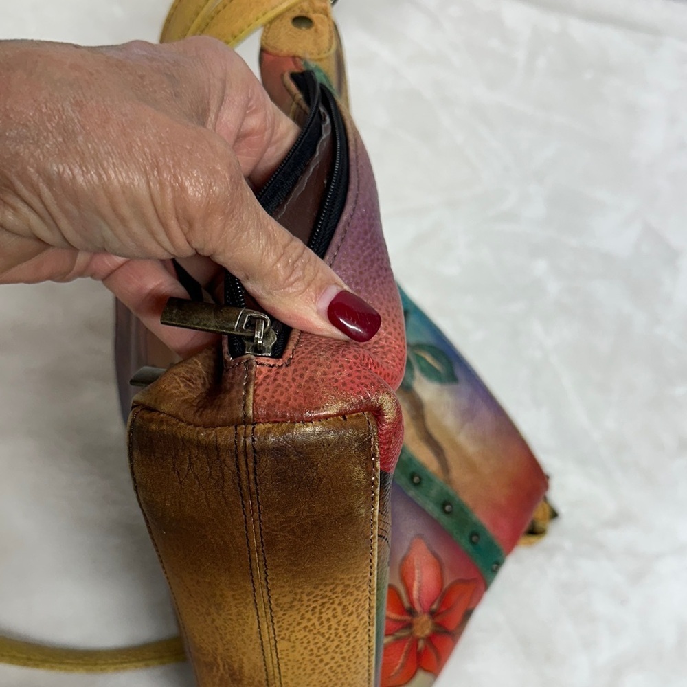 Anna Hand Painted Leather Crossbody Messenger Flap Bag with built in wallet like - Picture 7 of 16